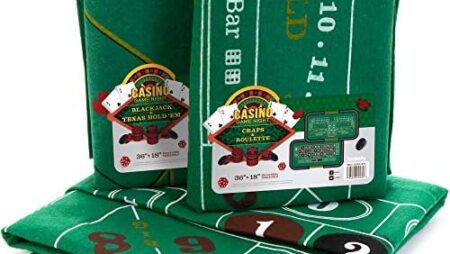 Brybelly Casino Night 4-in-1 Felts Only -Blackjack, Craps, Roulette and Texas Hold’em Table Felt Only- Green Felt Double Sided Casino Tabletop Gaming Mat- 18″ x 36″ – Perfect for Casino Game Night