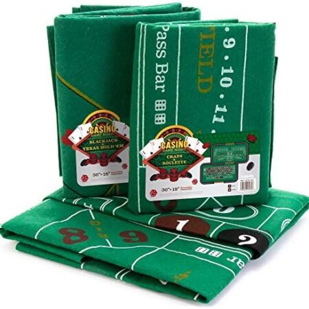 Brybelly Casino Night 4-in-1 Felts Only -Blackjack, Craps, Roulette and Texas Hold’em Table Felt Only- Green Felt Double Sided Casino Tabletop Gaming Mat- 18″ x 36″ – Perfect for Casino Game Night